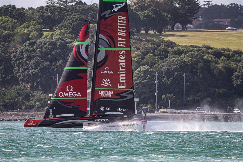 We're outta here! The high speed spray flies as ETNZ's Te Aihe rips down the Waitemata in a gentle 25kt zephyr photo copyright Richard Gladwell / Sail-World.com taken at Royal New Zealand Yacht Squadron and featuring the AC75 class