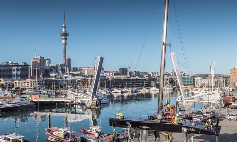 Emirates Team New Zealand's test boat Te Kaahu is prepared for their its first test session since the five week-long COVID-19 lockdown - April 30, 2020 photo copyright Emirates Team New Zealand taken at Royal New Zealand Yacht Squadron and featuring the AC75 class