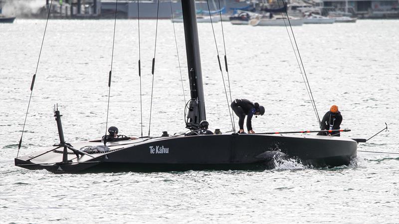 Emirates Team New Zealand crew set up test equipment ahead of towing tests - Waitemata Harbour April 29, 2020 photo copyright Richard Gladwell / Sail-World.com taken at Royal New Zealand Yacht Squadron and featuring the AC75 class