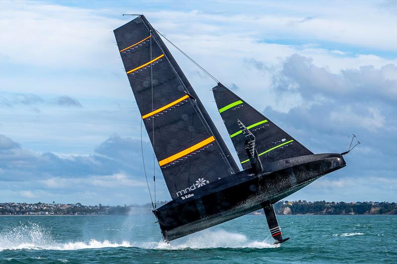 Emirates Team NZ's test boat Te Kahu does a sky leap off Auckland's North Shore - July 2020 photo copyright Emirates Team New Zealand taken at Royal New Zealand Yacht Squadron and featuring the AC75 class
