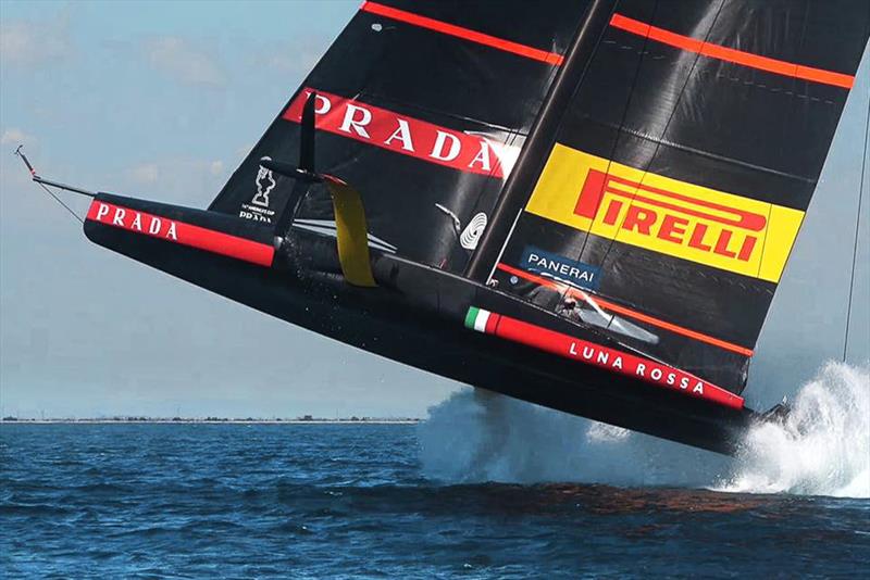 Luna Rossa performs a `sky leap` off Cagliari during training caused by crew error and an imbalance between the rudder wing and foil wing. Luna Rossa fell back into the water and continued sailing. America's Cup  36 photo copyright Carlo Borlenghi / Luna Rossa taken at Circolo della Vela Sicilia and featuring the AC75 class