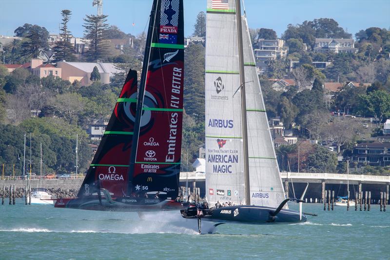 Emirates Team NZ crosses American Magic - Waitemata Harbour - September 21,2020 - 36th America's Cup photo copyright Richard Gladwell / Sail-World.com taken at Royal New Zealand Yacht Squadron and featuring the AC75 class