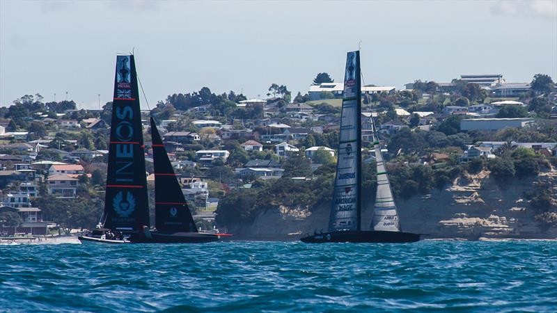 American Magic and INEOS Team UK off Castor Bay - Waitemata Harbour - October 26, 2020 - 36th America's Cup photo copyright Simon and Tanya Roberts taken at New York Yacht Club and featuring the AC75 class