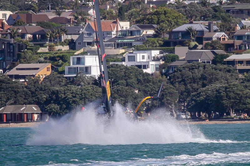 Splashdown after a minor sky jump - Luna Rossa Prada Pirelli - October - Waitemata Harbour - Auckland - 36th America's Cup photo copyright Richard Gladwell / Sail-World.com taken at  and featuring the AC75 class