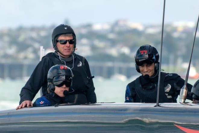 Rob Salthouse (upper left) onboard Emirates Team New Zealand's AC75 with Peter Burling (lower left) and Blair Tuke (right) - photo © Hamish Hooper / ETNZ