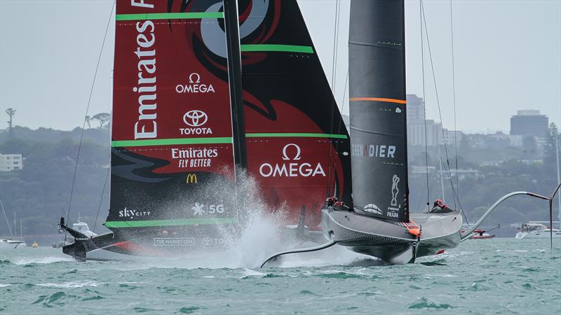 INEIOS Team UK crosses ahead of Te Rehutai - Emirates Team New Zealand - America's Cup World Series - Day 2 - Waitemata Harbour - December 18, 2020 - 36th Americas Cup presented by Prada - photo © Richard Gladwell / Sail-World.com