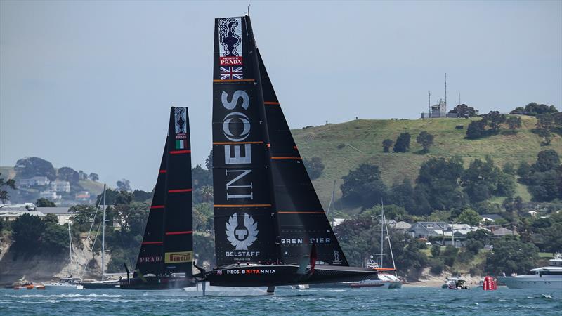 INEOS Team UK behind Luna Rossa - America's Cup World Series - Day 3 - Waitemata Harbour - December 19, 2020 - 36th Americas Cup presented by Prada photo copyright Richard Gladwell / Sail-World.com taken at Royal New Zealand Yacht Squadron and featuring the AC75 class