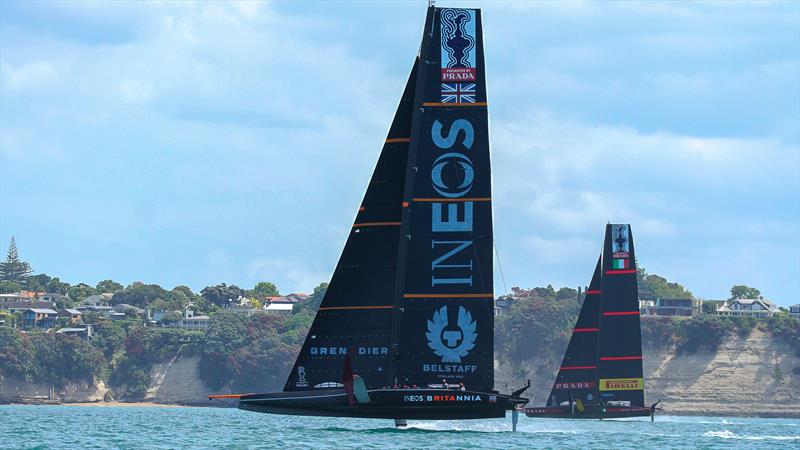 INEOS Team UK behind Luna Rossa - America's Cup World Series - Day 3 - Waitemata Harbour - December 19, 2020 - 36th Americas Cup presented by Prada photo copyright Richard Gladwell / Sail-World.com taken at Royal New Zealand Yacht Squadron and featuring the AC75 class