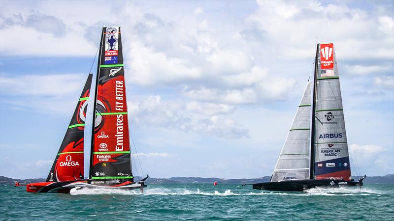 Emirates Team NZ and American Magic - January 12, 2021 - Practice Racing - Waitemata Harbour - Auckland - 36th America's Cup photo copyright Richard Gladwell / Sail-World.com taken at Royal New Zealand Yacht Squadron and featuring the AC75 class