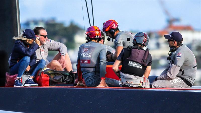 Sir Jim Ratcliffe rides on the Britannia's foredeck on a foiling tow home with the INEOS Team UK crew - Waitemata Harbour - January 23, 2021 - 36th America's Cup photo copyright Richard Gladwell / Sail-World.com taken at Royal New Zealand Yacht Squadron and featuring the AC75 class