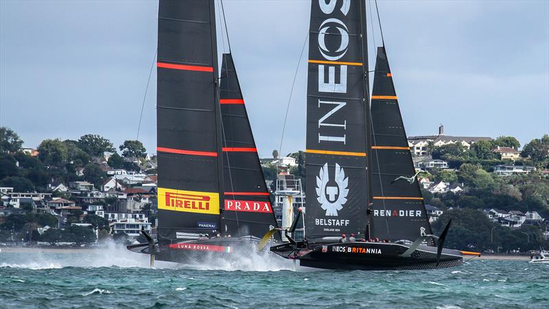 INEOS Team UK and Prada on the first leg - Waitemata Harbour - January 23, 2021 - 36th America's Cup photo copyright Richard Gladwell / Sail-World.com taken at Royal New Zealand Yacht Squadron and featuring the AC75 class