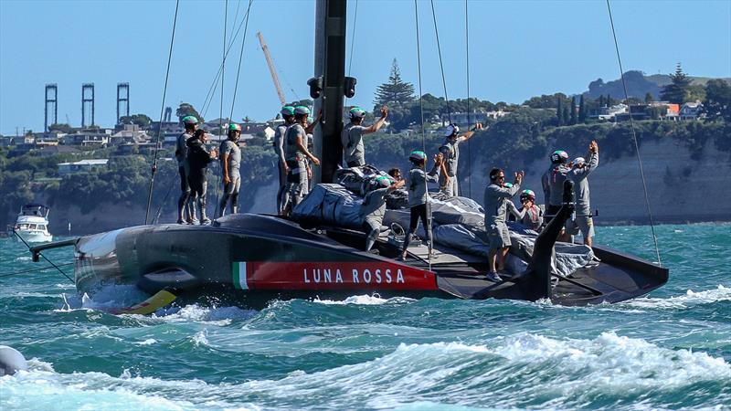 Luna Rossa acknowledge the American Magic crew - Semi-Final - Day 2 - Hauraki Gulf - January 30, 2021 - Auckland - 36th America's Cup photo copyright Richard Gladwell / Sail-World.com taken at Royal New Zealand Yacht Squadron and featuring the AC75 class