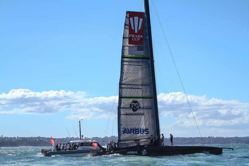 Mainsail is lowered for the last time - American Magic - Patriot - Waitemata Harbour - January 30, 2021 - 36th America's Cup photo copyright Richard Gladwell / Sail-World.com taken at Royal New Zealand Yacht Squadron and featuring the AC75 class