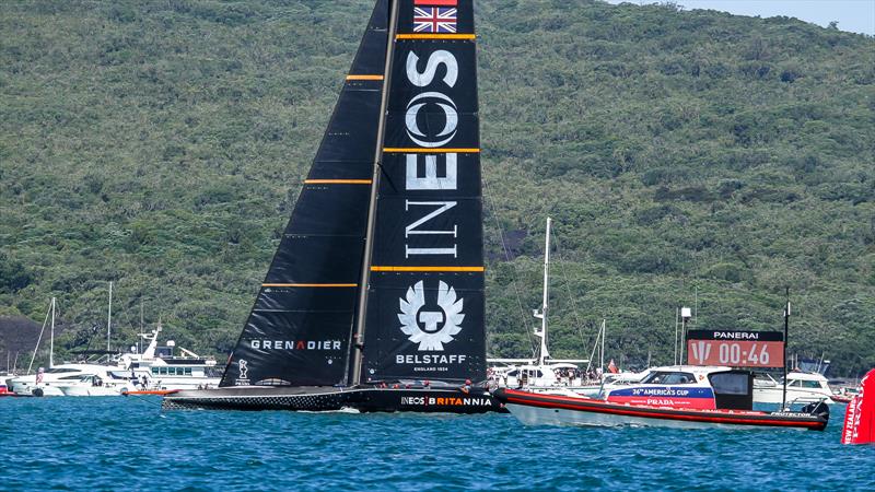 INEOS Team UK off her foils with 46secs before the start - Prada Cup Final - Day 1 - February 13, - America's Cup 36 - photo © Richard Gladwell / Sail-World.com