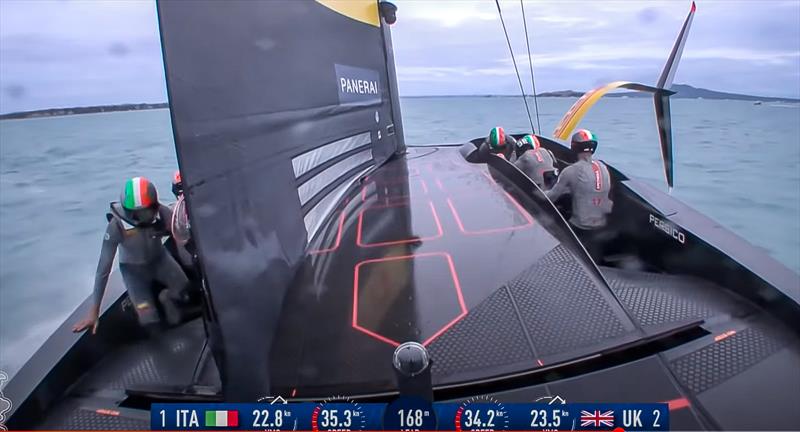 Luna Rossa's mainsail forms a good seal with the cockpit deck, while the floating clew on the mainsail obviates the need for a main boom, encouraging a control responsive shape in the lower section of the mainsail - adding power to the rig - Luna Rossa photo copyright AC36TV taken at Circolo della Vela Sicilia and featuring the AC75 class