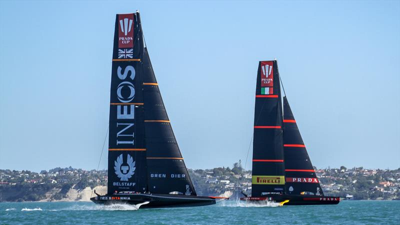 INEOS Team UK and Luna Rossa on Leg 1 of Race 5 - Prada Cup Finals - Day 3 - February, 20, - America's Cup 36 - Course E photo copyright Richard Gladwell / Sail-World.com taken at Royal New Zealand Yacht Squadron and featuring the AC75 class