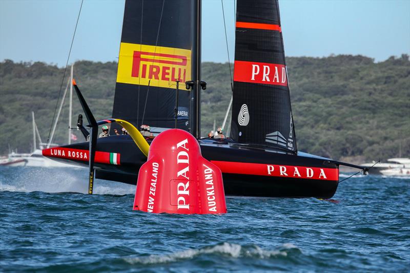 Luna Rossa  crosses the finish line off Rangitoto Island to win the Prada Cup Final and become the Challenger for the 36th Match for the America's Cup photo copyright Richard Gladwell / Sail-World.com taken at Royal New Zealand Yacht Squadron and featuring the AC75 class
