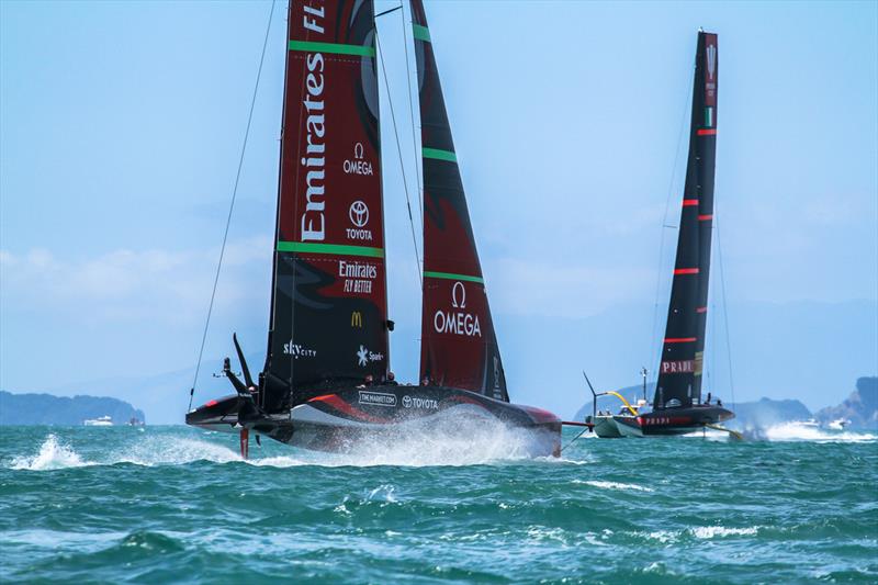 ETNZ crosses Luna Rossa in pre-Final training  - Prada Cup Finals - Day 4 - February 21, 2021 - America's Cup 36 - Course A photo copyright Richard Gladwell / Sail-World.com taken at Royal New Zealand Yacht Squadron and featuring the AC75 class
