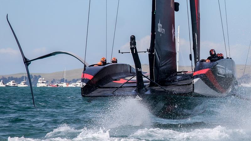 Foil arm wing, mainsail clew design and skirt seal - ETNZ - Prada Cup Finals - Day 4 - February 21, 2021 - America's Cup 36 - Course A photo copyright Richard Gladwell / Sail-World.com taken at Royal New Zealand Yacht Squadron and featuring the AC75 class