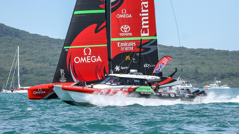 Emirates Team New Zealand in a Practice start matched against their chase boat ahead of the Final Race in the Prada Cup - February 21, 2021 - America's Cup 36 photo copyright Richard Gladwell / Sail-World.com taken at Royal New Zealand Yacht Squadron and featuring the AC75 class