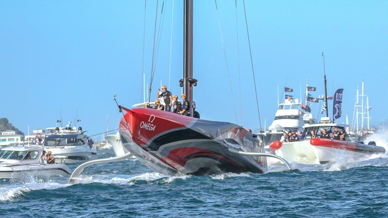 Emirates Team NZ drops off her foils for the last time in AC36 - America's Cup - Day 7 - March 17, 2021 photo copyright Richard Gladwell / Sail-World.com taken at Royal New Zealand Yacht Squadron and featuring the AC75 class