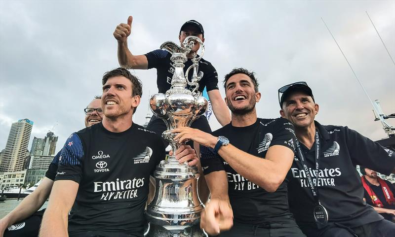 Dan Bernasconi, Peter Burling, Glenn Ashby, Blair Tuke and Ray Davies jump aboard the photoboat - Post presentation - America's Cup - Day 7 - March 17, , Course E - photo © Richard Gladwell / Sail-World.com