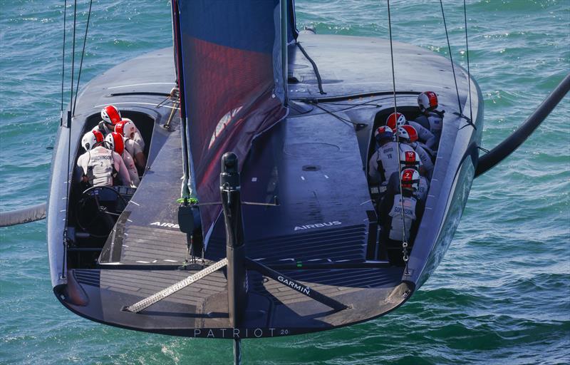 Patriot's design team reduced aero-drag by holding the crew in deep cockpit trenches. Their first generation boat Defiant had a more traditional cockpit arrangement photo copyright Carlo Borlenghi/AC36 taken at New York Yacht Club and featuring the AC75 class