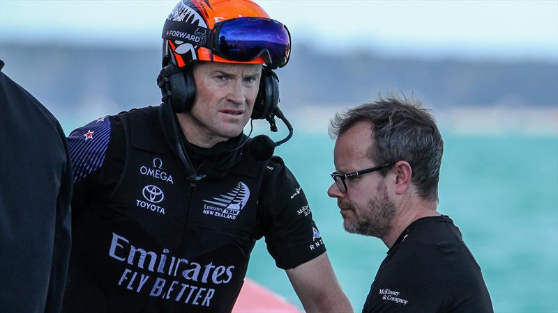 Glenn Ashby has a between races discussion with Emirates Team New Zealand design chief, Dan Bernasconi - two days before ETNZ defended the America's Cup - March 15, 2021 photo copyright Richard Gladwell / Sail-World.com / nz taken at Royal New Zealand Yacht Squadron and featuring the AC75 class