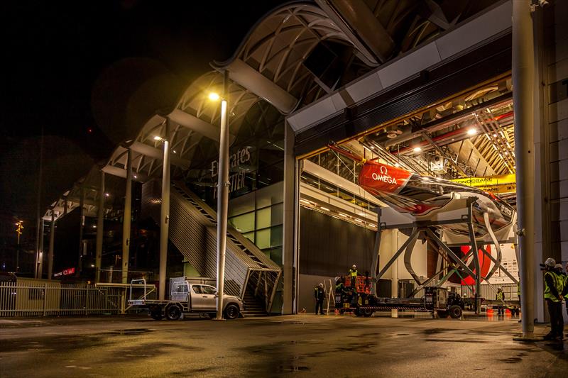 Te Aihe emerges from the Emirates Team NZ base - photo © Emirates Team New Zealand