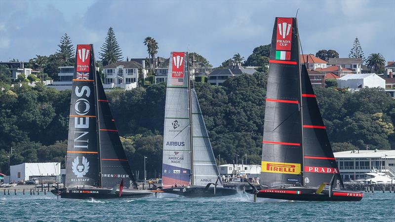 The three challengers for America's Cup 2021, work up on the Waitemata January 8, 2021 photo copyright Richard Gladwell - Sail-World.com/nz taken at Royal New Zealand Yacht Squadron and featuring the AC75 class