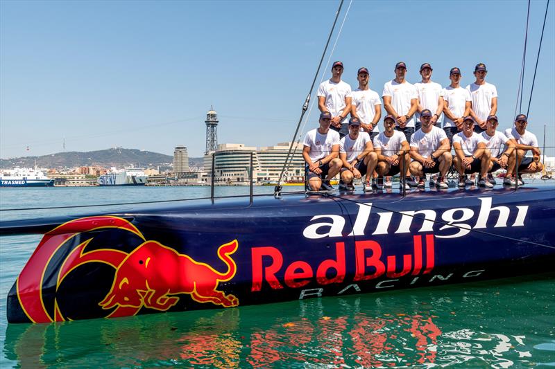 Alinghi Red Bull Racing with the World Trade Centre building in the background housing the America's Cup Event office - AC75 Boat Zero - launch - Barcelona - August 8, 2022 photo copyright Alinghi Red Bull Racing taken at Société Nautique de Genève and featuring the AC75 class