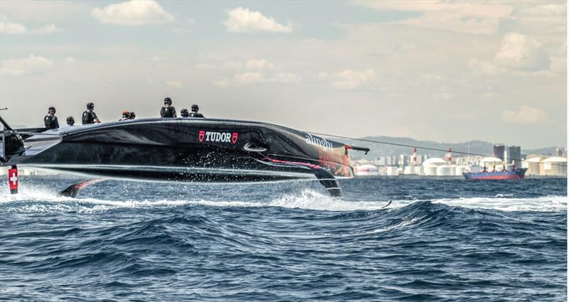 Alinghi Red Bull Racing - lifts out on tow test ahead of first sailing day - August 2022 - Barcelona photo copyright Alinghi RBR taken at Société Nautique de Genève and featuring the AC75 class