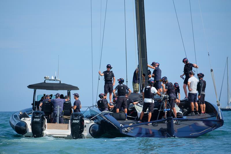 Alinghi Red Bull Racing crew gets ready for its first sailing session on August 31, in Barcelona, Spain photo copyright Xaume Olleros - Red Bull Content Pool taken at Société Nautique de Genève and featuring the AC75 class