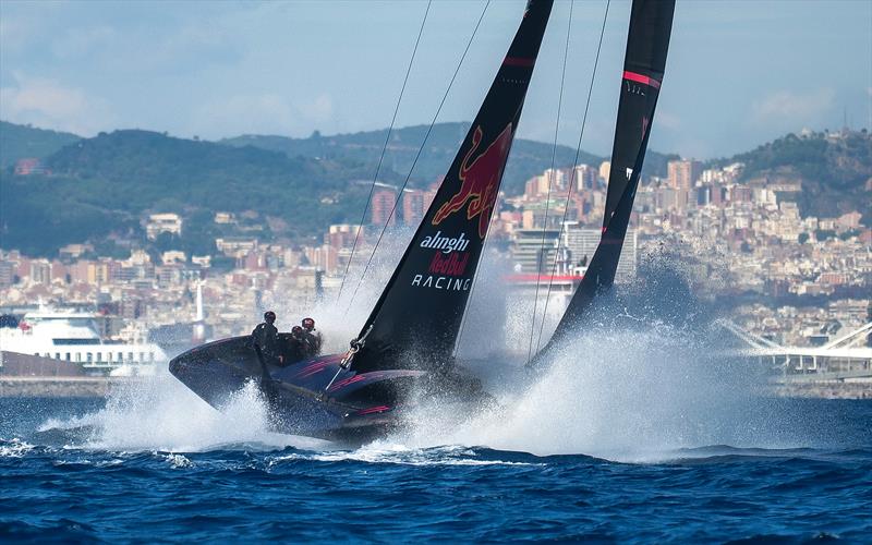 Alinghi Red Bull Racing `foil-surfing` in the confused Barcelona sea-state photo copyright Alex Carabi / America's Cup taken at Société Nautique de Genève and featuring the AC75 class