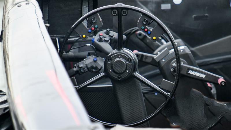 Alinghi Red Bull Racing - port helmsman steering position with wing foil controls and grinding position  - November 9, 2022 photo copyright Alex Carabi / America's Cup taken at Société Nautique de Genève and featuring the AC75 class