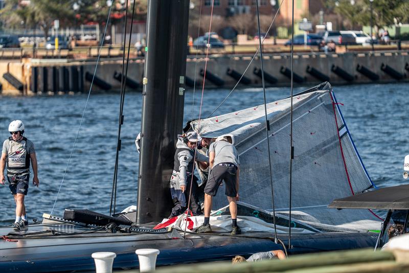 Setting up the double skinned mainsail - American Magic -  Patriot - AC75 - January 18, 2023 - Pensacola, Florida - photo © Paul Todd/America's Cup
