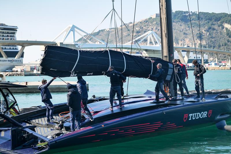 Mainsails are unloaded - AC75 - Alinghi Red Bull Racing - March 4, 2023 - Barcelona - Day 47 photo copyright Alex Carabi / America's Cup taken at Société Nautique de Genève and featuring the AC75 class
