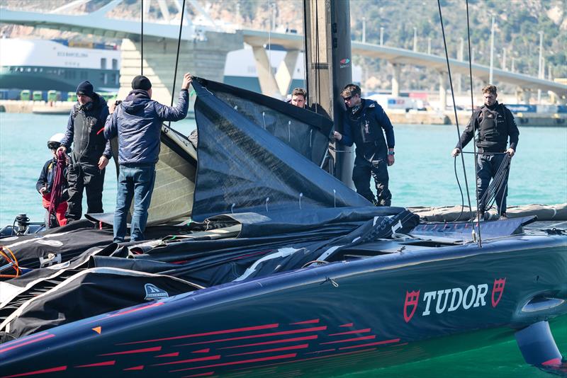 Mainsail head with inflatable batten -  AC75 - Alinghi Red Bull Racing - March 4, 2023 - Barcelona - Day 47 - photo © Alex Carabi / America's Cup