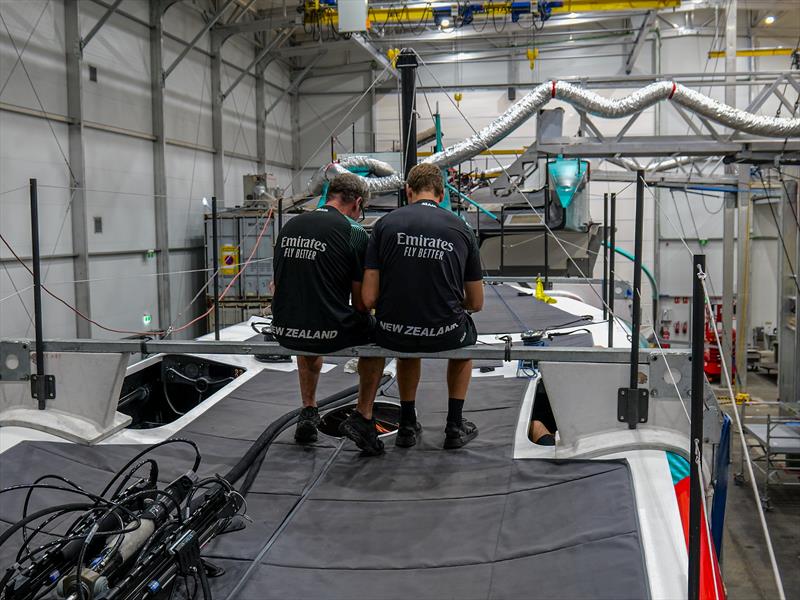 Mainsail hydraulic control systems lie on the deck of an AC40 - Auckland - March 19, 2024 - photo © James Somerset/ETNZ