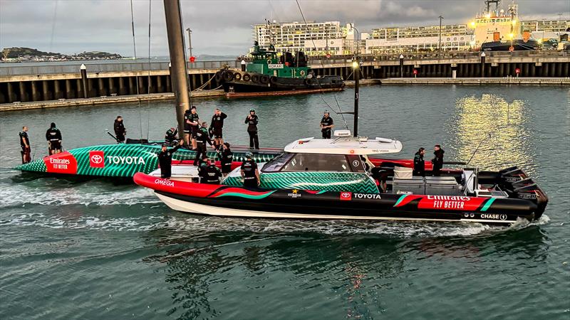 Emirates Team New Zealand returns to base after first sail - April 12, 2024 photo copyright Richard Gladwell- Sail-World.com/nz taken at Royal New Zealand Yacht Squadron and featuring the AC75 class