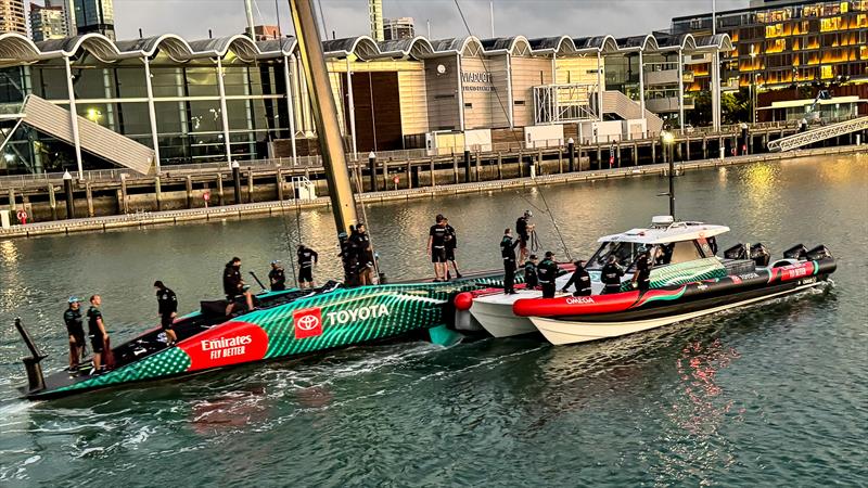 Emirates Team New Zealand returns to base after first sail - April 12, 2024 photo copyright Richard Gladwell- Sail-World.com/nz taken at Royal New Zealand Yacht Squadron and featuring the AC75 class