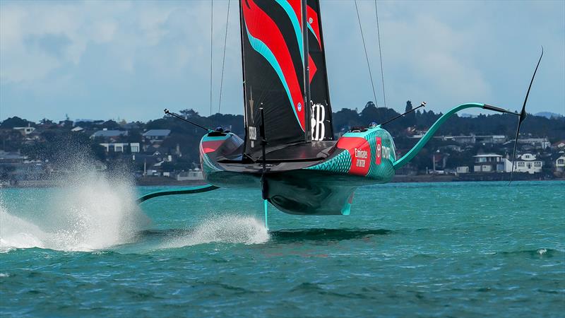 Flat underbody and deep skeg - Emirates Team New Zealand- AC75 - Day 3 - April 15, 2024 - Auckland photo copyright Sam Thom/America's Cup taken at Royal New Zealand Yacht Squadron and featuring the AC75 class