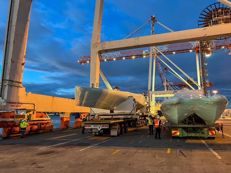 Te Rehutai about to be loaded as deck cargo on the Baltic Spring at the port of Mt Maunganui - photo © Emirates Team New Zealand