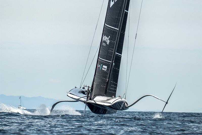 Big cant to windward - American Magic - AC75 - Day 12 - May 25, 2024 - Barcelona - photo © Alex Carabi / America's Cup