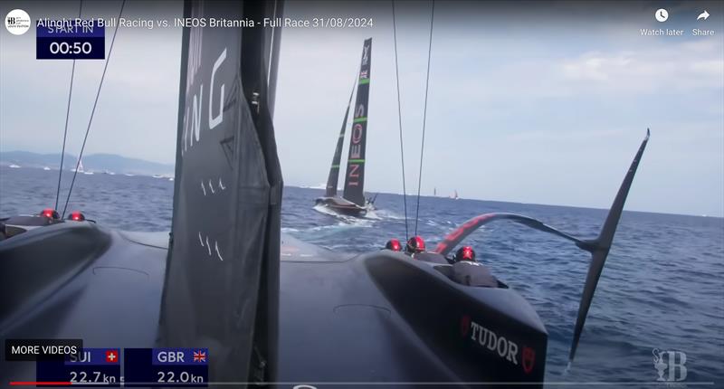Camera shot from stern of Alinghi Red Bull Racing at 50secs to go - still sailing fast but yet to feel the turbulence from INEOS Britannia - Race 9 - Day 3 - Round Robin 1 - Louis Vuitton Cup - August 31, 2024 - Barcelona - photo © America's Cup