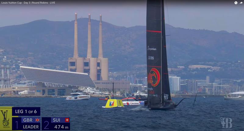 Alinghi crosses the start line - INEOS Britannia is out of shot but has built a near 500metre lead in the space of just 106seconds after tacking on top of the Swiss in the  - Race 9 - Day 3 - Round Robin 1 - Louis Vuitton Cup - August 31, 2024 - Barcelona - photo © America's Cup