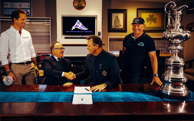 Protocol is signed- August 12, 2025 - Royal NZ Yacht Squadron - From left Ben Ainslie, Bertie Bicket, David Blakey and Grant Dalton photo copyright America's Cup Media taken at Royal New Zealand Yacht Squadron and featuring the ACC class