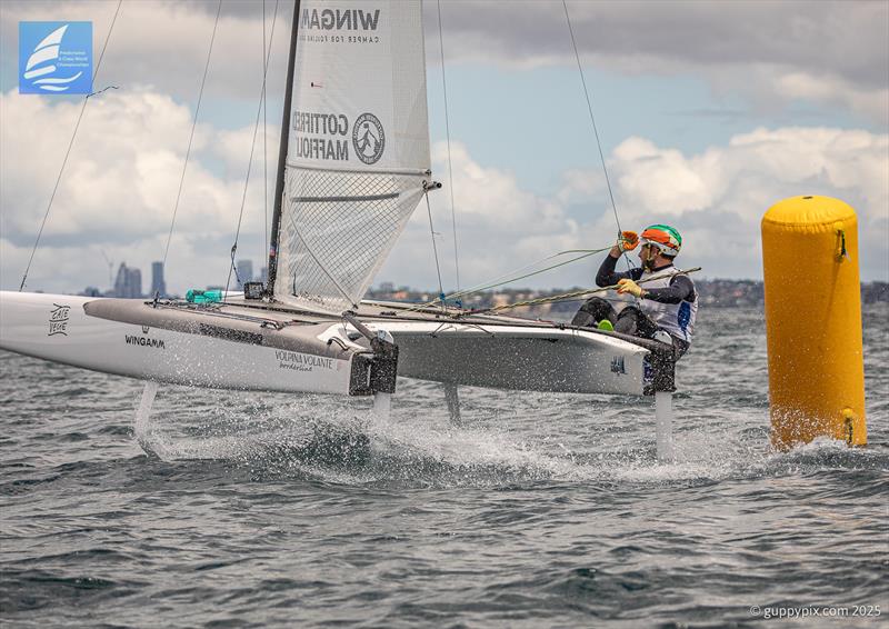 PredictWind A-Class Cat Worlds 2025 - Italian Champion Lamberto Cesari ITA 13 rounds the bottom gate in race 2 - photo © Gordon Upton / www.guppypix.com