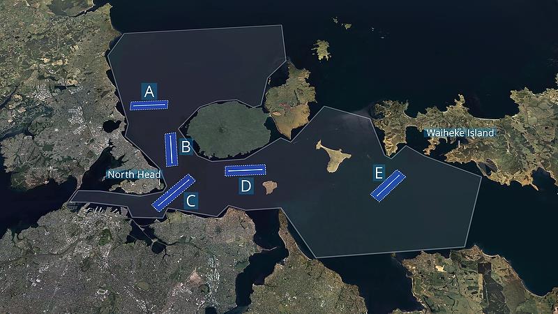 The five course areas designated in the inner Hauraki Gulf - the land adjacent to course B is a 850ft volcanic cone. North Head and a second volcanic cone, Mt Victoria are also substantial obstructions photo copyright Emirates Team New Zealand taken at Royal New Zealand Yacht Squadron and featuring the ACC class