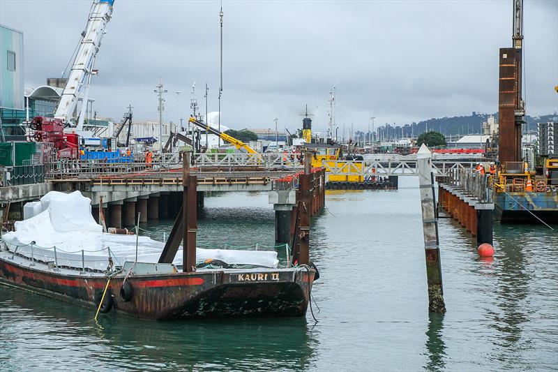 Rows of piles being driven for the Luna Rossa Base on the Hobson Wharf Extension - America's Cup base development - Wynyard Edge Alliance - Update March 28, 2019  - photo © Richard Gladwell